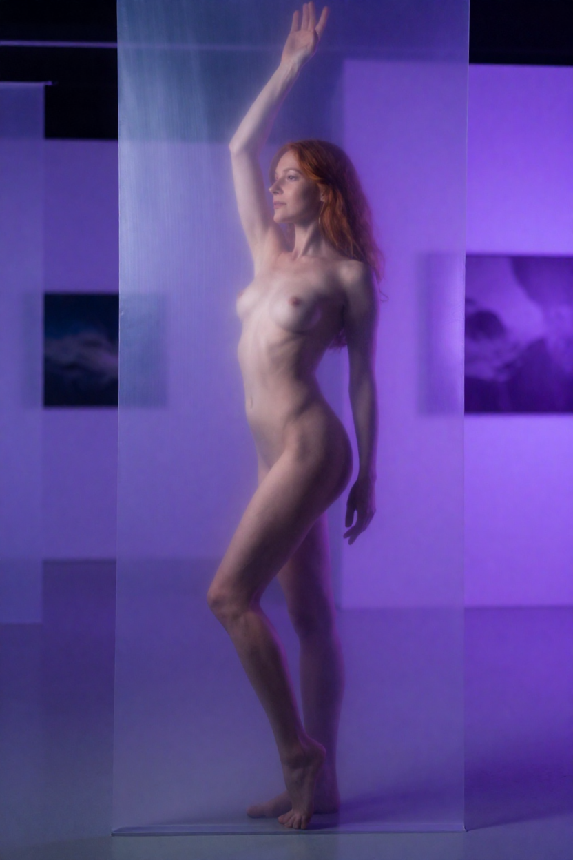 fictional consenting adult woman age 31, red-haired, artistic nude standing behind translucent floor-length drapery, graceful silhouette,